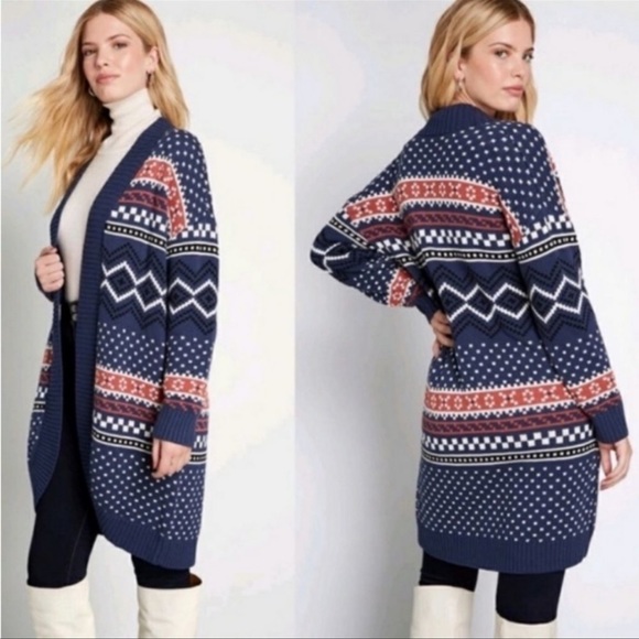 Modcloth Fair Isle Long Line Open Front Cardigan Sweater Blue Boho Western Sm - Picture 1 of 11